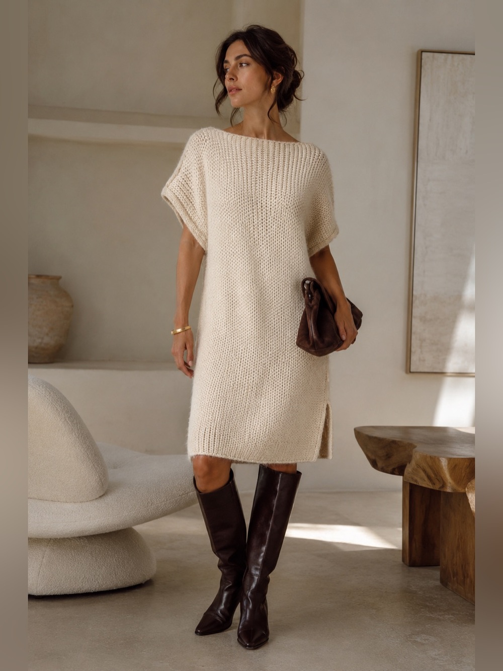 Hermès Paris 100% Alpaca Knit Sweater Dress EU 36 Ivory Made in Italy